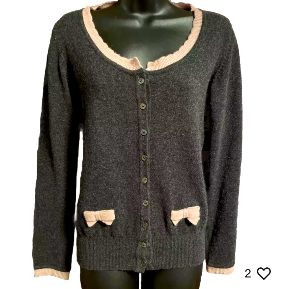 NWT PORTOLANO 100% Cashmere Sweater Cardigan Charcoal Grey & Pink Bows Sz M